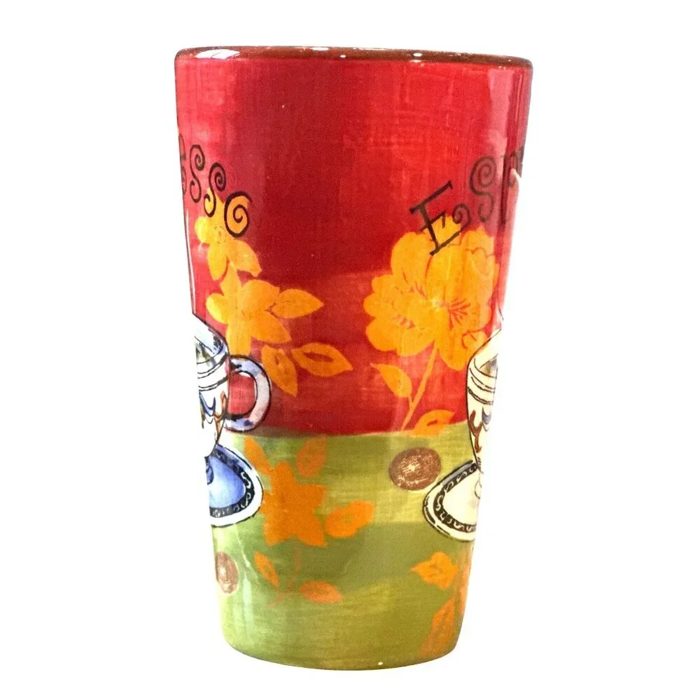 Espresso Hand Painted Floral Cafe Art Tumbler Mug Warm Cottage Kitchen Decor Red - Picture 6 of 10